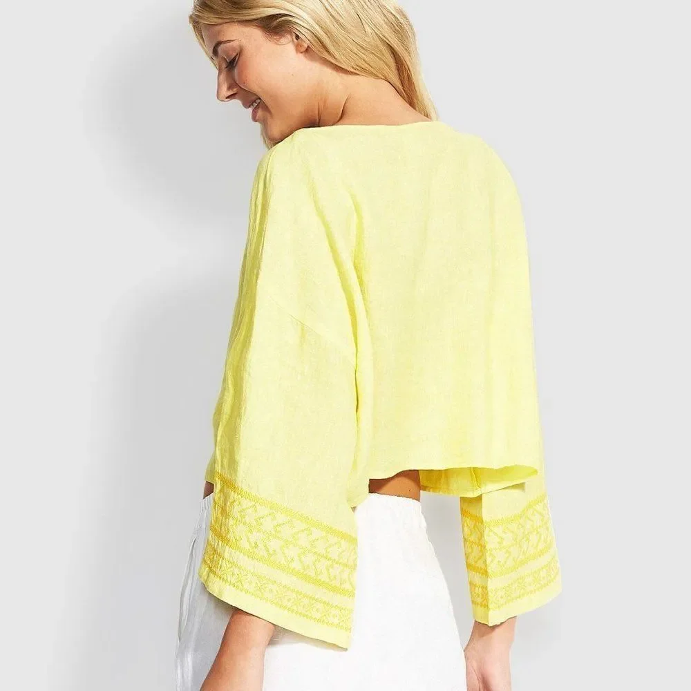 Seafolly Brightfolk Lime Light Cropped Oversized Flare Sleeves Linen Top Size XS